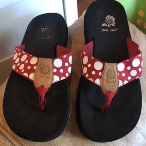 Red with white polka dot yellow box flip flops